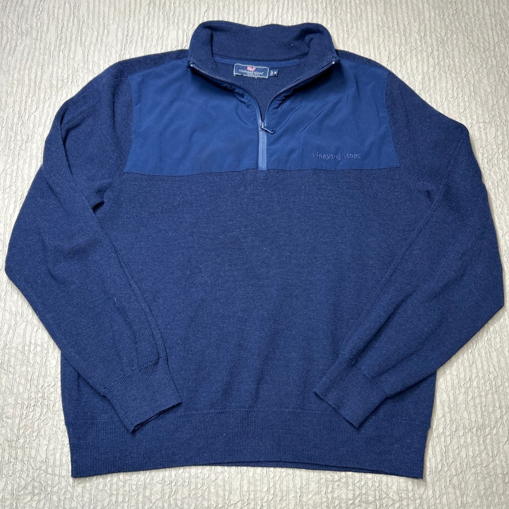Vineyard Vines Mens Navy Extrafine Merino Wool Mixed Media 1/4 Zip Sweater M
